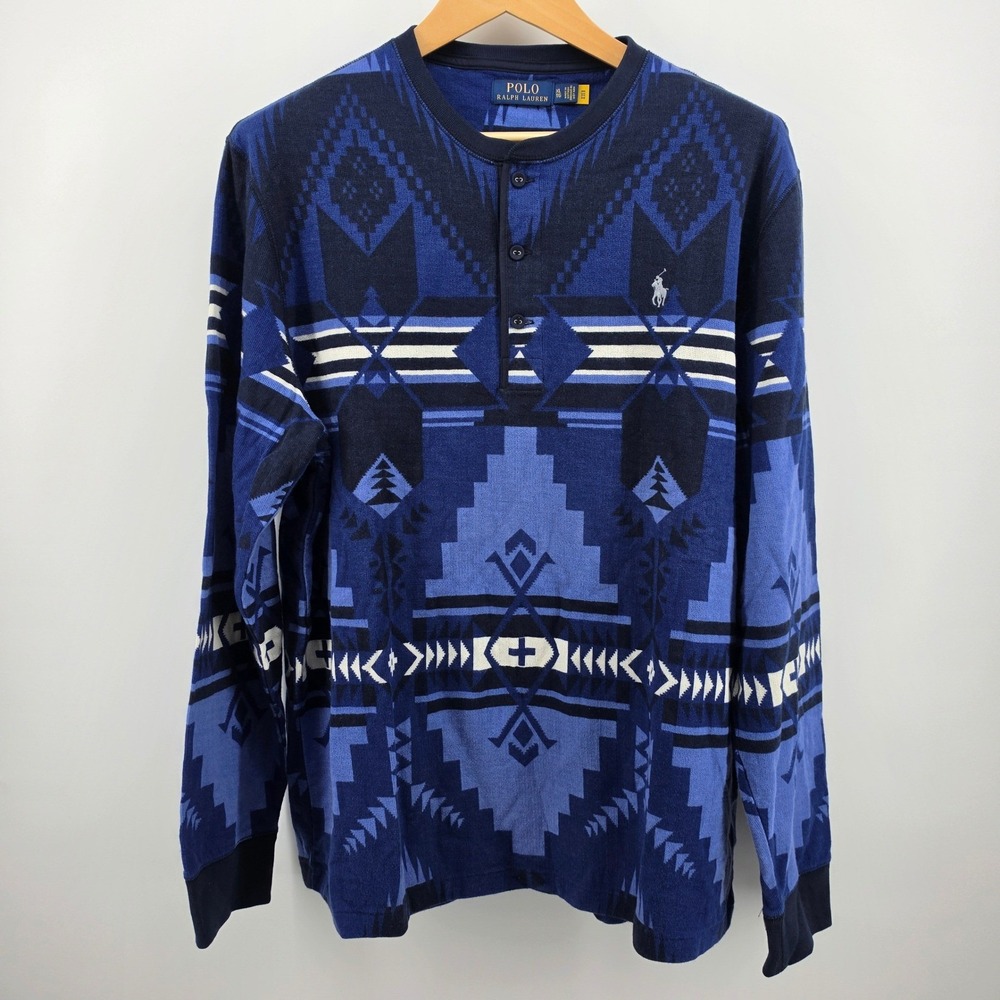 Polo Ralph Lauren Southwestern Henley Shirt Mens XL Blue Aztec Long Sleeve